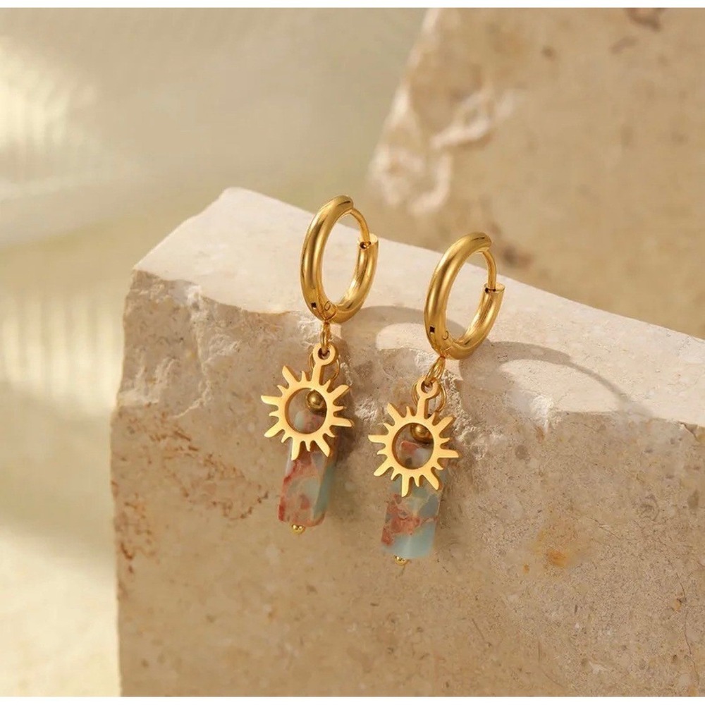 Gold Sun Charm Huggie Drop Earrings Green Stone 304 Stainless Steel